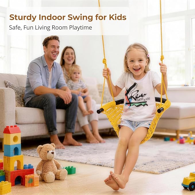 JKsmart Swing Seat for Kids Heavy Duty Rope Play Secure Children Swing Set,Perfect for Indoor,Outdoor,Playground,Home,Tree,with Snap Hooks and Swing Straps,440 lbs Capacity, Yellow
