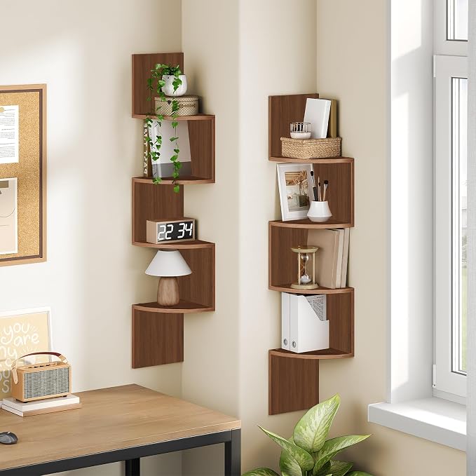 HOOBRO Corner Shelf Wall-Mounted, Set of 2 Floating Corner Shelves for Wall, 4-Tier Corner Bookshelves for Living Room, Bedroom, Bathroom, Home Office, Walnut WL25BJP201