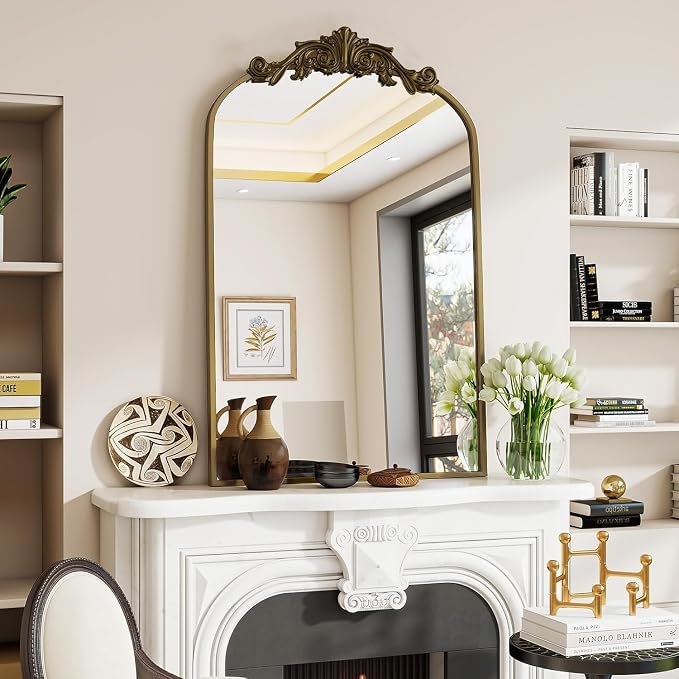 Dewfig Antique Arched Wall Mirror, 30"x22" Vintage Bronze Bathroom Mirror | Ornate Baroque Metal Frame Brass Mirror, Victorian Antique Bronze Mirrors for Living Room, Bathroom, Fireplace, Wall Decor