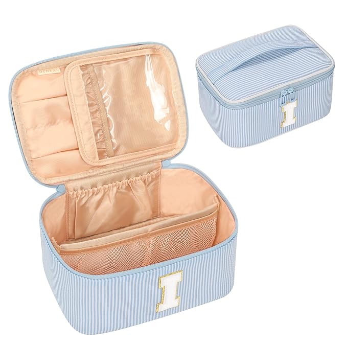 OCHEAL Makeup Bag Valentines Day Gifts for Women, Monogram Cosmetic Bag Blue Travel Makeup Case Beauty Toiletry Bag Organizer Personalized Gifts for Girls Bridesmaid, Sister, Wife, Friends Initial I