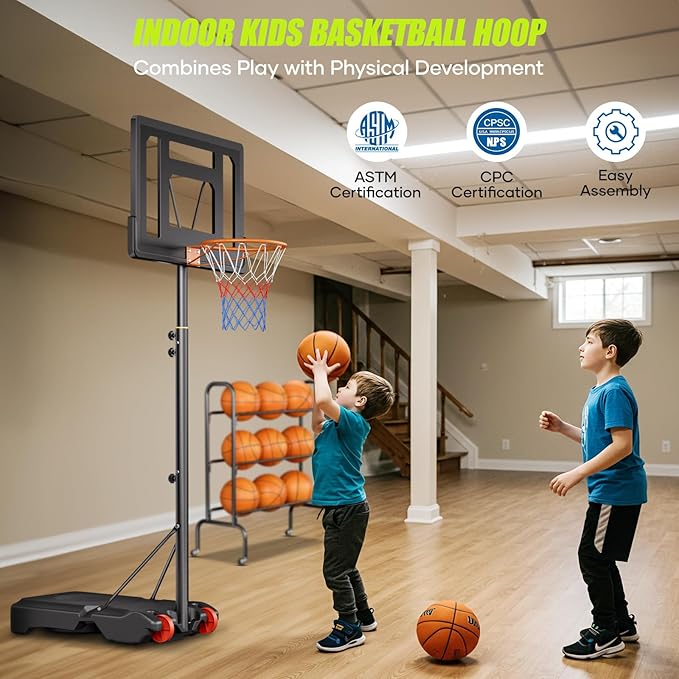 Asbest Kids Basketball Hoop Outdoor, 5.08-7 FT Adjustable Height, Portable Basketball Hoop for Kids in Backyard, Driveway and Indoor, Shatterproof PC Backboard