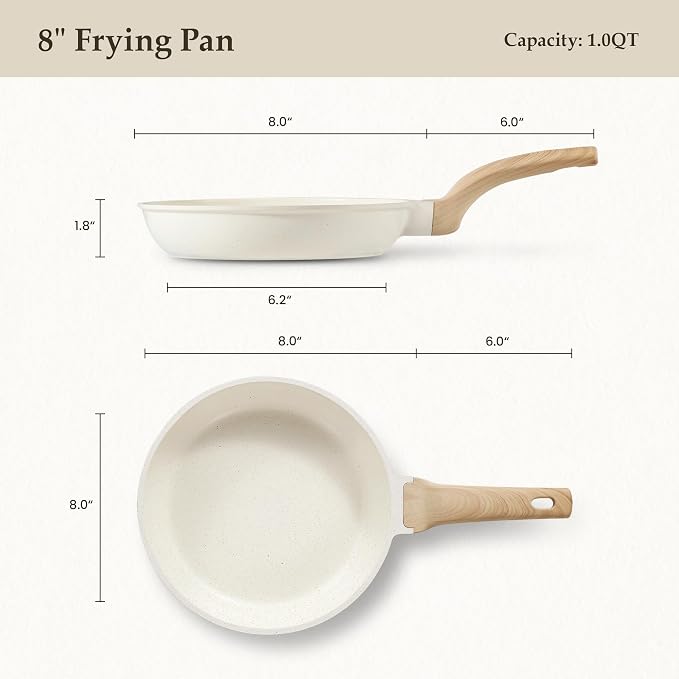 CAROTE 8 Inch Non Stick Frying Pan, Cream White Granite Skillet | Kitchen Healthy Non Toxic Stone Cookware, Induction Compatible, Dishwasher & Oven Safe, PFOA Free