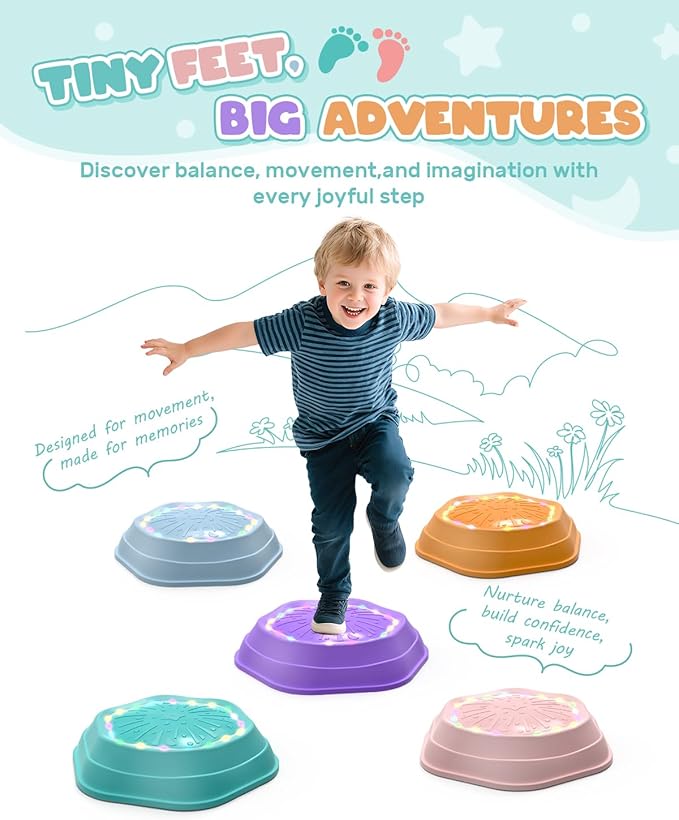 Holyton Upgraded Music Light-Up Stepping Stones for Kids, 5-Pack Sensory Balance Toys with Batteries, Non-Slip Design, for Ages 3–8, Ideal for Sensory Training, Indoor & Outdoor Play, Great Gift Idea