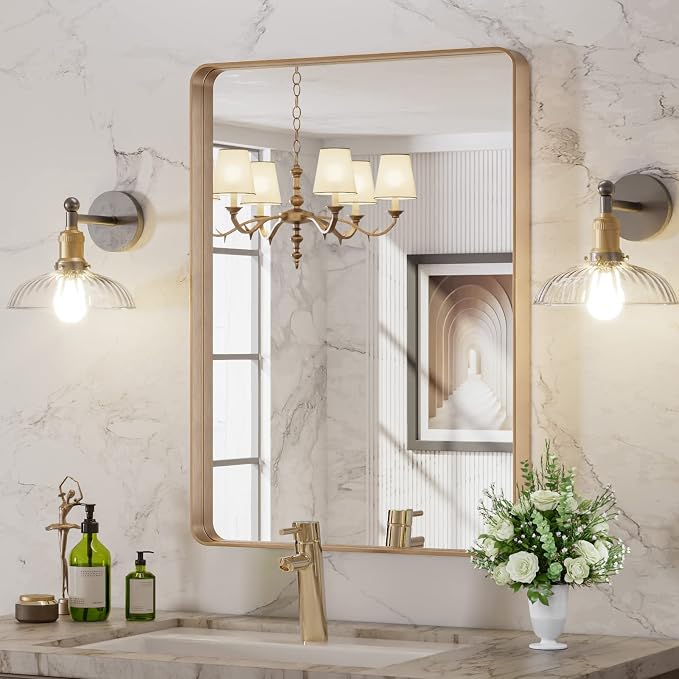 LOAAO 22"X30" Gold Bathroom Mirror | Rounded Rectangle, Brushed Gold Frame, Wall-Mounted, Anti-Rust, Hangs Horizontally or Vertically