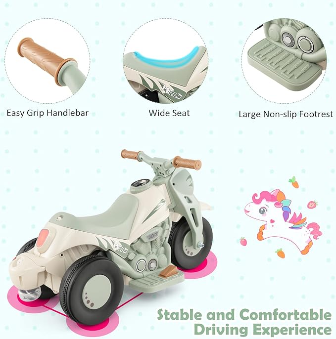 Honey Joy Ride On Motorcycle,6V Toddler Motorcycle with Bubble Maker,LED Light,Music,Foot Pedal,Forward/Backward,3-Wheel Battery Powered Electric Motorcycle for Kids,Gift for Boys Girls (Beige)