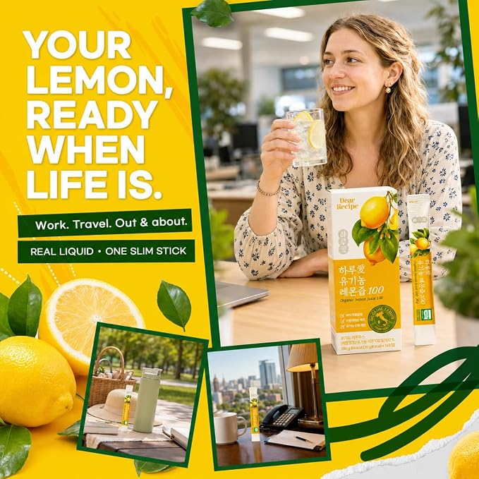 [14 Sticks] Organic 100% Pure NFC Whole Lemon Juice Sticks – 20g Each – Italian Lemon, Cold Pressed, Product of Korea, Non-GMO, No Sugar Added