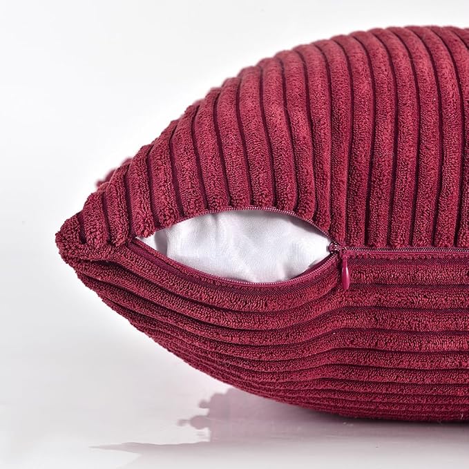 Fancy Homi 2 Packs Burgundy Long Lumbar Decorative Throw Pillow Covers 12x24 Inch for Couch Bed Sofa, Rustic Farmhouse Boho Home Decor, Soft Striped Corduroy Rectangle Accent Cushion Case 30x60 cm