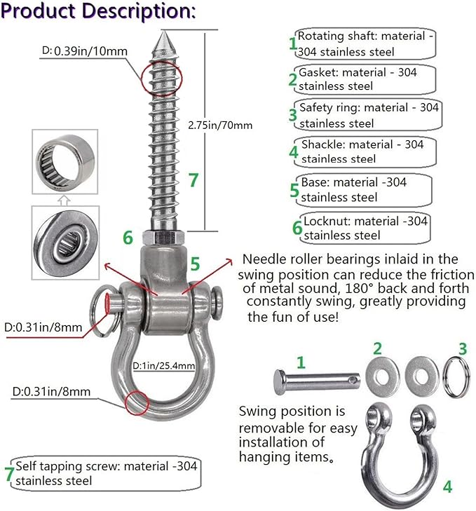 4 Heavy Duty Swing Hangers Permanent Anti Rust Bearing, 180 Swing Hardware, 1500 LBS, 304 Stainless Steel Color