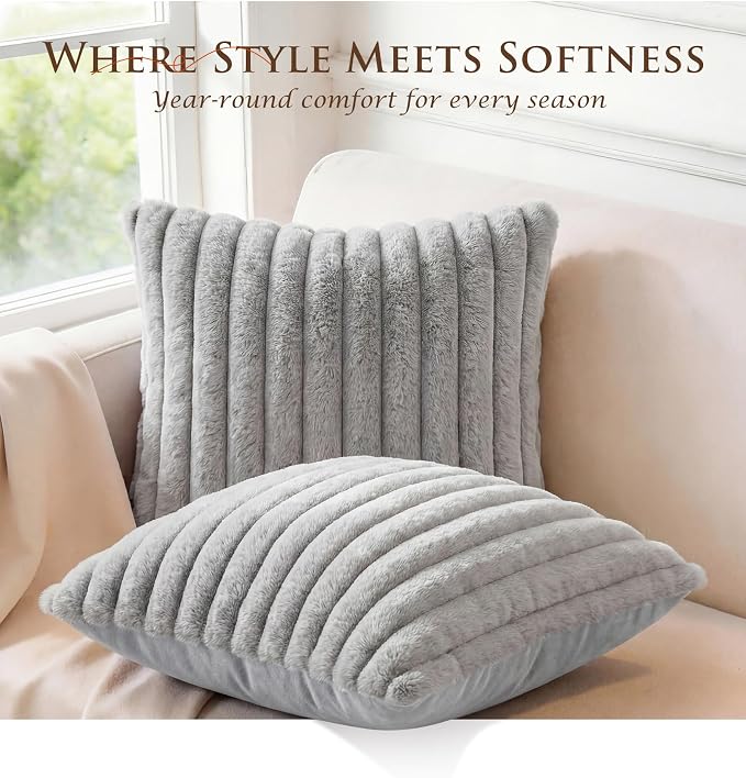 Pack of 2 Throw Pillow Covers 20x12 Decorative Solid Plush Faux Fur with Soft Velvet Back, Square Striped Cushion Cases Modern Farmhouse Home Decor for Living Room Couch Sofa Bed Neutral Gray