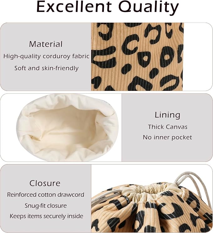 RSRSLEII Aesthetic Corduroy Drawstring Makeup Bag, Cute Coquette Drawstring Cosmetic Bag with Canvas Lining, Leopard Print Travel Makeup Organizer Case for Women Girls (09Khaki Leopard Print)