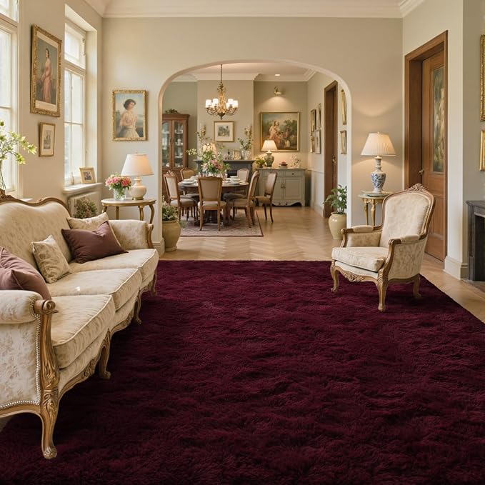8x10 Area Rugs for Living Room Red Shag Fur Rug, Modern Non-Slip Soft Plush Carpets for Girls Woman Female Wedding Bedroom Home Décor Aesthetic Dark
