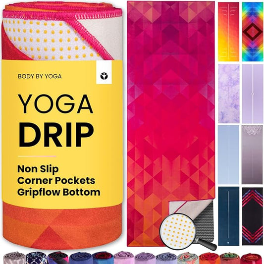 Yoga Drip Hot Yoga Towel – Non Slip Yoga Mat Towel with Corner Pockets, Silicone Grip Dots & Subtle Alignment Lines | Sweat Absorbent, Moisture Wicking, Quick Dry | No Bunching or Sliding | 72” x 26”