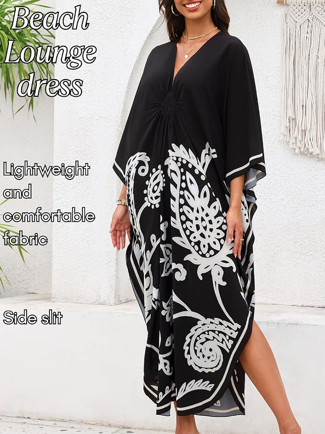 ChiaoLezhee Print Moo-Moos for Women, Kaftan Cover-Up Dresses, Sexy V-Neck High-Slit, Beach Pool-Party Coverups Muumuu Plus