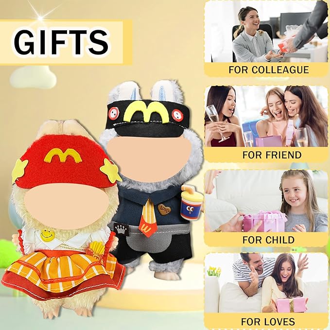 Doll Clothes for Labubu,Cute Outfit for 17cm Doll Clothe 2/3PCS Clothes and Hats Stylish Dolls Clothe for 17 cm Labubu,Casual Style Costumes for Labubu Dolls (Red Black McDonald's Set)