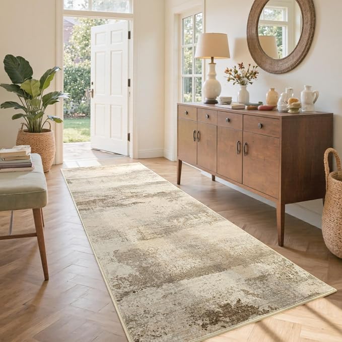 2x6 Ft Washable Runner Rug, Non-Slip Low Pile Hallway Kitchen Area Rug, Soft Abstract Long Entryway Floor Mat Print Pattern Carpet for Bedside & High-Traffic Areas (Pink-Brown/Light tan)