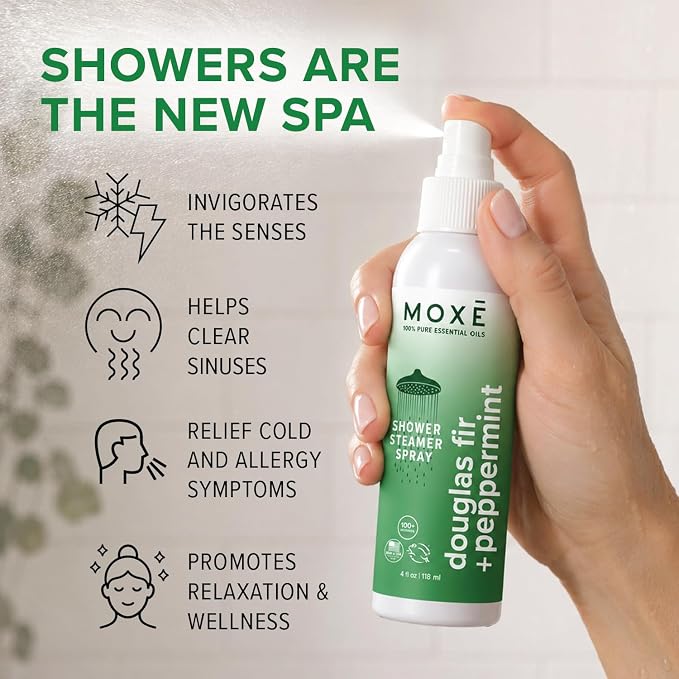 MOXE Aromatherapy Shower Spray - Douglas Fir & Peppermint, 100% Essential Oils, Made in USA, Aromatherapy, Sinus Congestion Relief, Respiratory Support, 4 Oz (1 Pack)