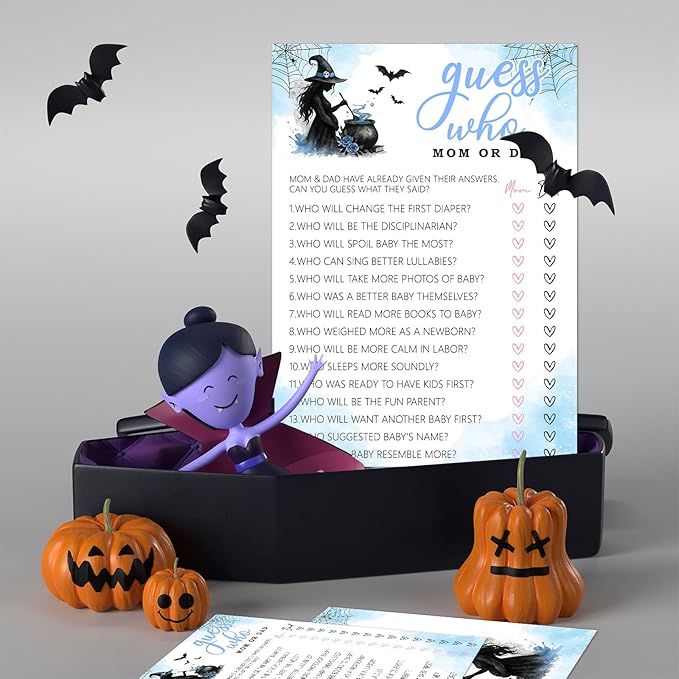 Hilarious Baby Shower Games, 25 Sets Halloween Who Mom or Dad, Blue Witch Gender Reveal Party Game Cards for Announcement Supplies - B01