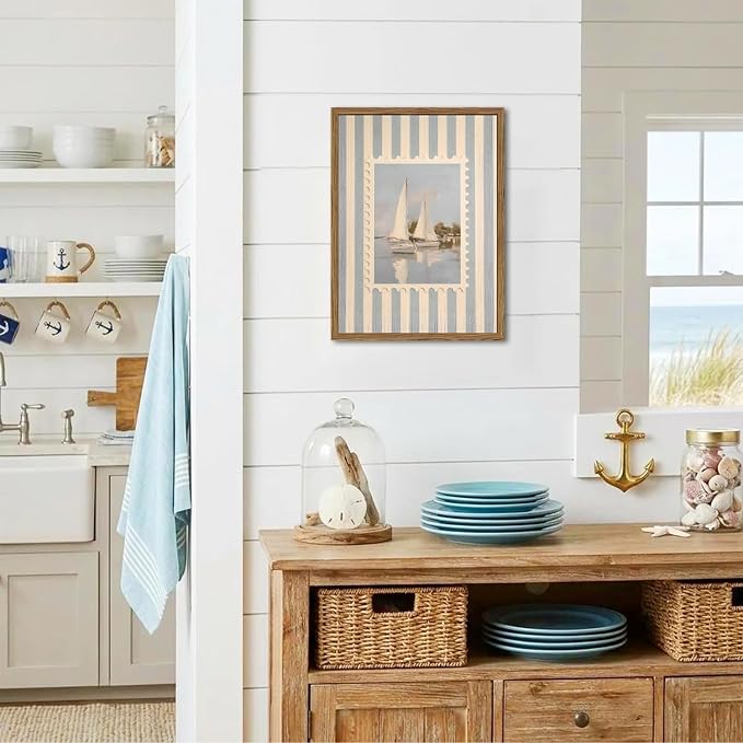 Vintage Coastal Sailboats Wall Art Trendy Beach Sailing Wall Decor Painting Blue and White Ocean Sail Boats Striped Poster Canvas Print Picture for Living Room Bedroom 12x16 inch Wood Framed