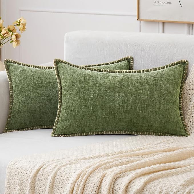 MIULEE Decorative Lumbar Throw Pillow Covers 12x20 Inch Sage Green 2 Pack | Farmhouse Pillow Covers with Stitched Edge, Soft Chenille Cushion Cases, for Couch Sofa Bed Living Room Home Decor