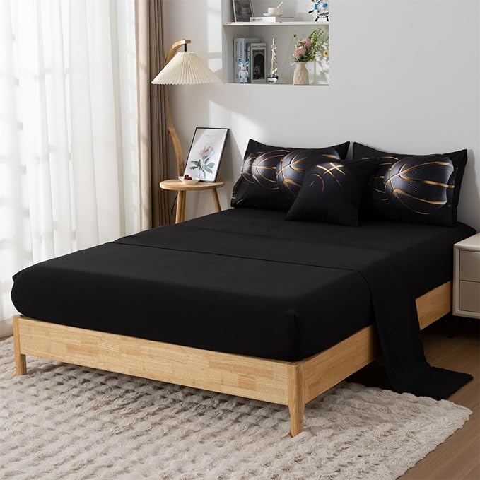 A Nice Night 6Pcs Bed in A Bag Twin Sports Comforter Set,3D Phnom Penh Black Basketball Printing for Kids Teen Boys,Twin