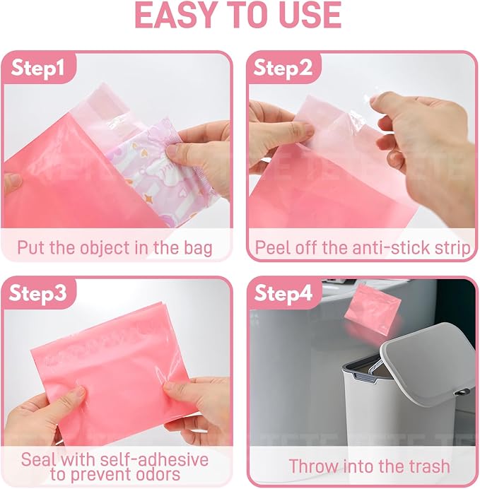 Sanitary Napkin Disposal Bags FARVIGOR, 100Pcs Women Feminine Hygiene Disposal Bags for Tampons and Pads, Personal Disposal Bag Self-Sealing, Privacy Protection, 9.8x5.9"(Pink)
