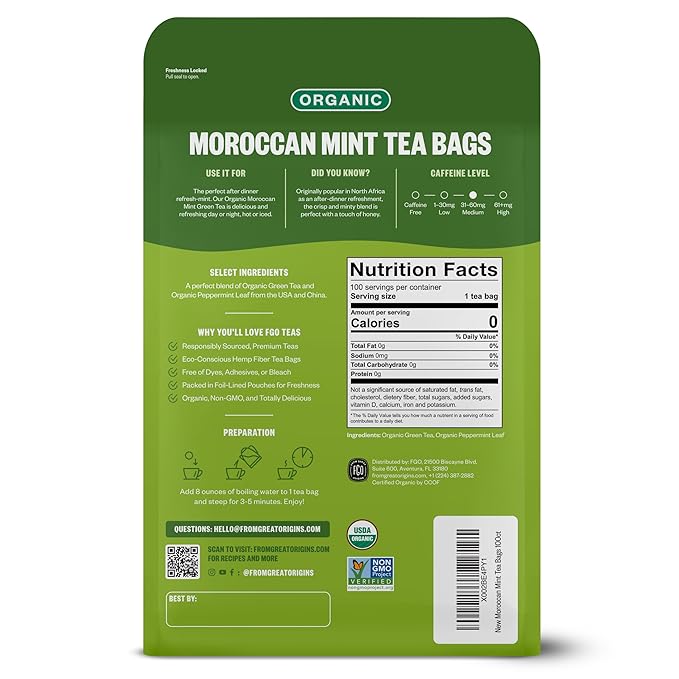 FGO Organic Moroccan Mint Green Tea, 100 Count, Eco-Conscious Tea Bags, Resealable Bag, Packaging May Vary (Pack of 1)