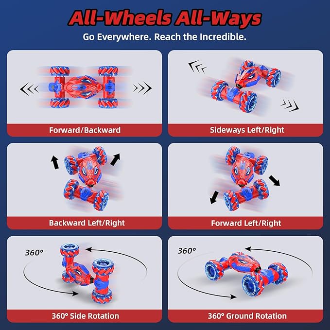 Unique 4WD 360° Rotating Gesture Sensing RC Stunt Car, Double‑Sided Driving RC Drift Car with Lights, Music & Spray, Kids Outdoor Cars Toys for Ages 6-12, Gifts for Boys 6-12,2 Replaceable Batteries