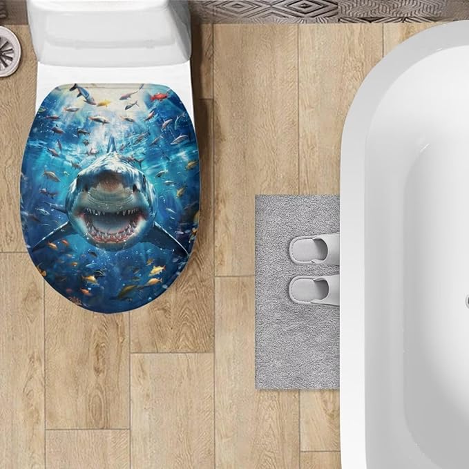 Ocean Shark Oblong Toilet Seat Cover Elongated Toilet Seat Cover Soft Toilet Seat Cover Machine Washable Blue Toilet Cover Seat Bathroom Decoration