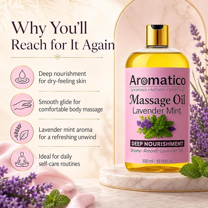 Aromatico Massage Oil with Lavender & Mint Essential Oils, Sesame, Almond & Jojoba Oils Blend, Lightweight Body Massage Oil, 10 Fl Oz