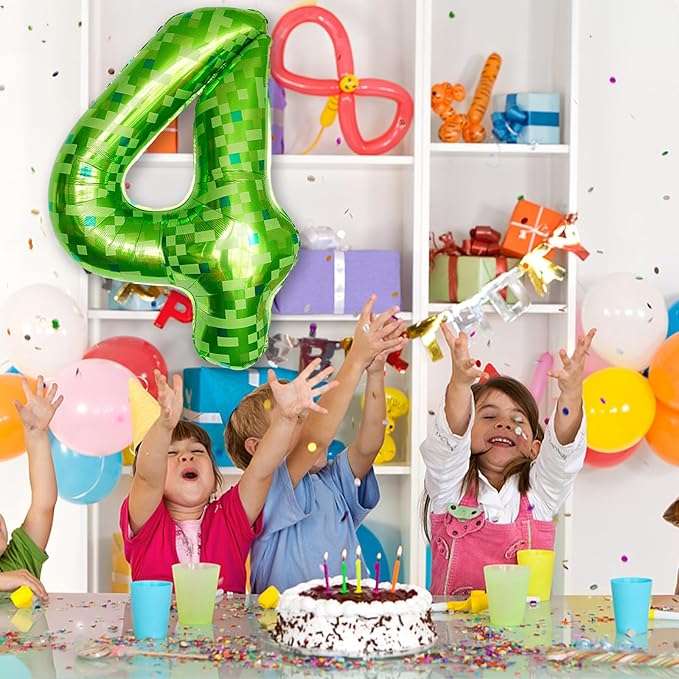 Number 4th Birthday Balloon Lime Green Pixel, 40 Inch Large Dark Kelly Green Number 4 Foil Balloons for Boys Four Year Old Birthday Video Game Forest Golf Theme St. Patrick's Day Party Decorations