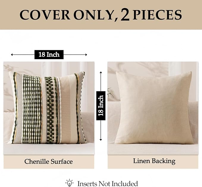 ANRODUO Boho Decorative Pillow Covers Olive Green Stripe 24x24 Pack of 2 | Euro Throw Pillow Covers, Farmhouse Cushion Case, Chenille Pillow Cases, Pillow Covers, Neutral Pillowcase for Sofa Couch Bed