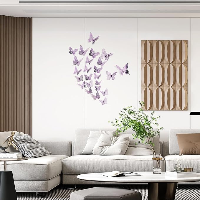 SAOROPEB 3D Butterfly Wall Decor 48 Pcs Lavender Butterfly Decorations | 4 Styles 3 Sizes, Butterfly Birthday Decorations Butterfly Party Decorations Cake Decorations, Removable Stickers