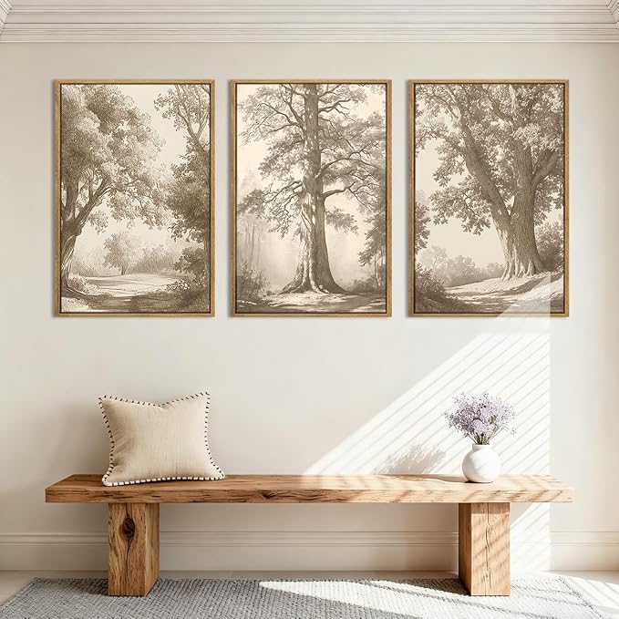Vintage Tree Canvas Wall Art Framed Rustic Tree Landscape Sketch Antique Painting Neutral Forest Wall Decor 16x24 Inch Farmhouse Botanical Set of 3 for Living Room Bedroom