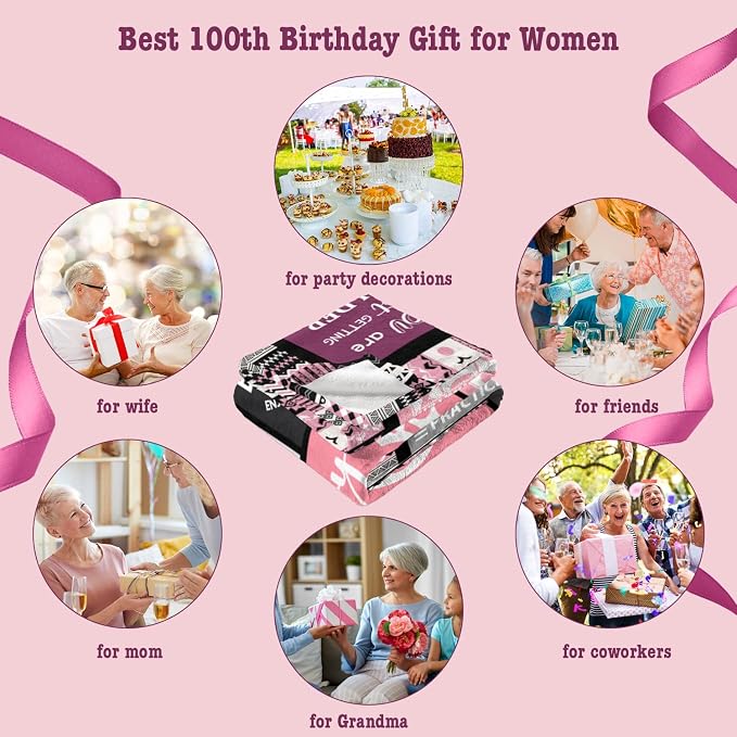Ivivis 100th Birthday Gifts for Women Blanket 60”x50”, 100th Birthday Party Supplies Decorations, Happy 100th Birthday Gifts for 100 Year Old Woman, 1926 Gifts for 100th Birthday Women Mom Grandma