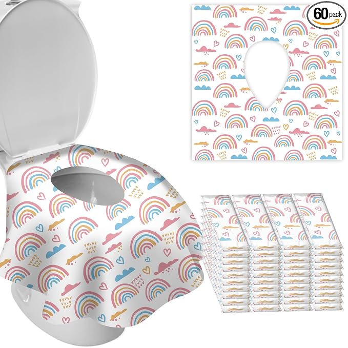 DEEKI 40 Pack Toilet Seat Covers Disposable, Safe No-Slip Waterproof for Kids Toddlers Use in Potty Training Public Restrooms Toilets, Portable Clean Covers for Adults Travel -Rainbow (40 Count)