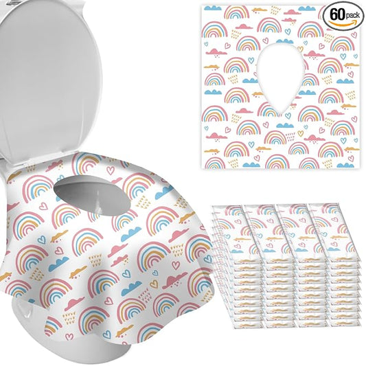 DEEKI 40 Pack Toilet Seat Covers Disposable, Safe No-Slip Waterproof for Kids Toddlers Use in Potty Training Public Restrooms Toilets, Portable Clean Covers for Adults Travel -Rainbow (40 Count)