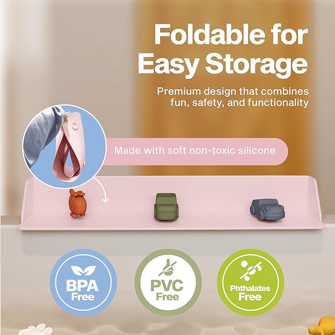 Original PlayPad, Bathtub Splash Guard Play Shelf - Toy Tray Caddy Holder Storage - Suction Cups Attach to Bath Tub - No Mess Water Spill in Bathroom for Toddlers Kids Baby (Pink)