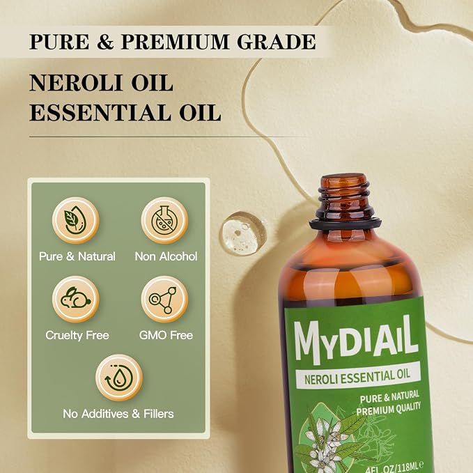 Neroli Oil (4OZ) Natural & Undiluted Neroli Essential Oil Premium Grade Aromatherapy Oil for Diffuser, Skin Care, Massage, Bathing, Soap & Candle/Perfume Making - 118ML