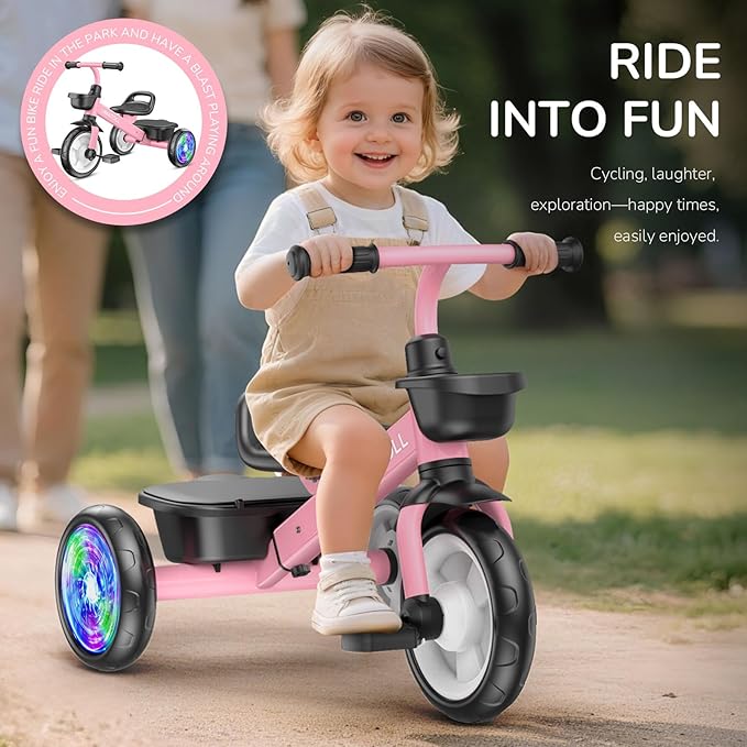 Umatoll Tricycle for Toddlers 2-5 Year Old, Ajustable Toddler Bike Outdoor Toys, Birthday Gift for Girl Age 2-4, Trike with Light up Wheels
