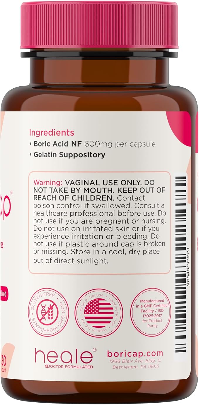 BoriCap Heale 600mg Boric Acid Suppositories | for Vaginal Odor | 60 Count | Made in the USA