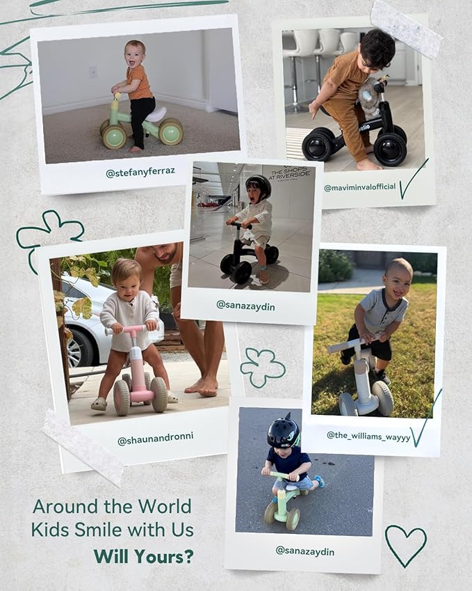 Babelio Updated Baby Balance Bike for 1 Year Old Boys Girls, 10-36 Month Toddler Balance Bike, 4-Wheel Off-Roader Design, Adjustable Seat & Handlebar - Green