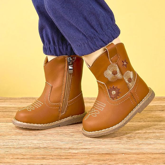Newsonet Baby Cowboy Cowgirl Boots Infant Western Boots Toddler Boys Girls Round Toe Riding Mid Calf Boots All Seasons for 6 9 12 18 24 Months