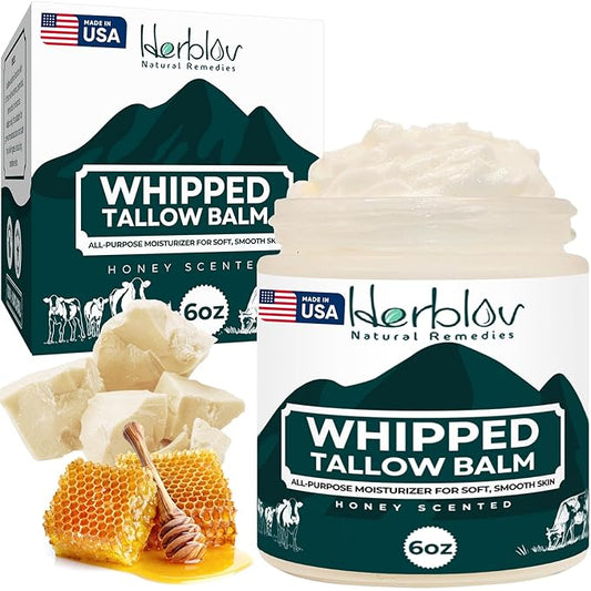 Beef Tallow Balm – Natural Grass Fed Whipped Tallow and Honey All Purpose Balm – Moisturizing Face and Body Lotion for Eczema, Cracked, Dry, Itchy, Irritated Skin – Skin Repair Skincare Made in USA