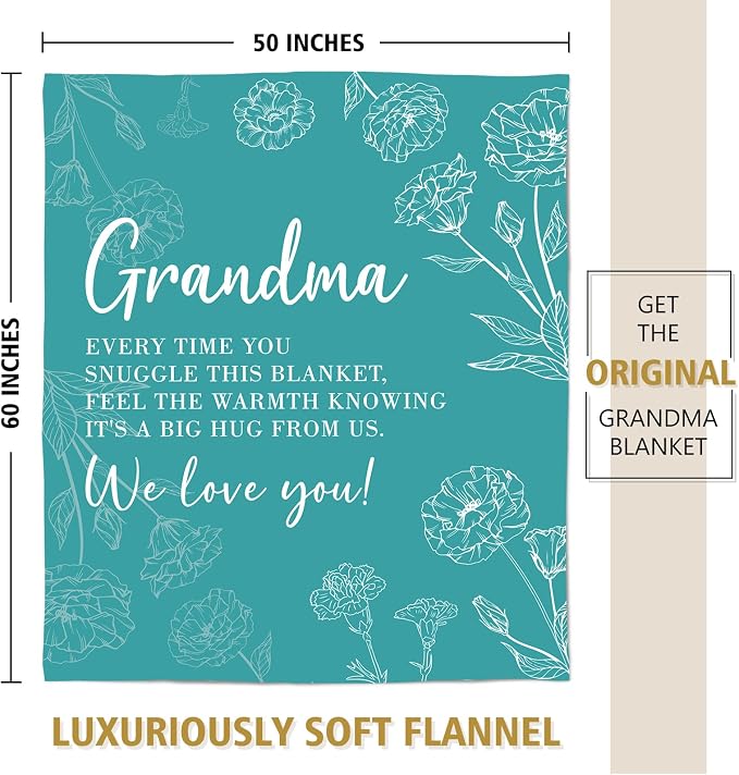 GiltGlimmer Grandma Gifts, Grandma Floral Blanket 50" x 60", Teal | Birthday Gifts for Grandma from Grandkids, to My Grandmother Soft Flannel Throw Blanket for Christmas Mothers Day