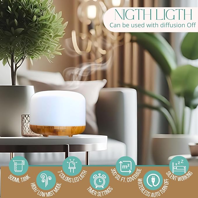 Mystic Romance Essential Oil Diffuser, 500ml Aromatherapy Humidifer and Nigth Ligth for Relaxing Atmosphere in Home Office Yoga and Spa, for Everyone, Auto-Off Safety Switch. Light Wood