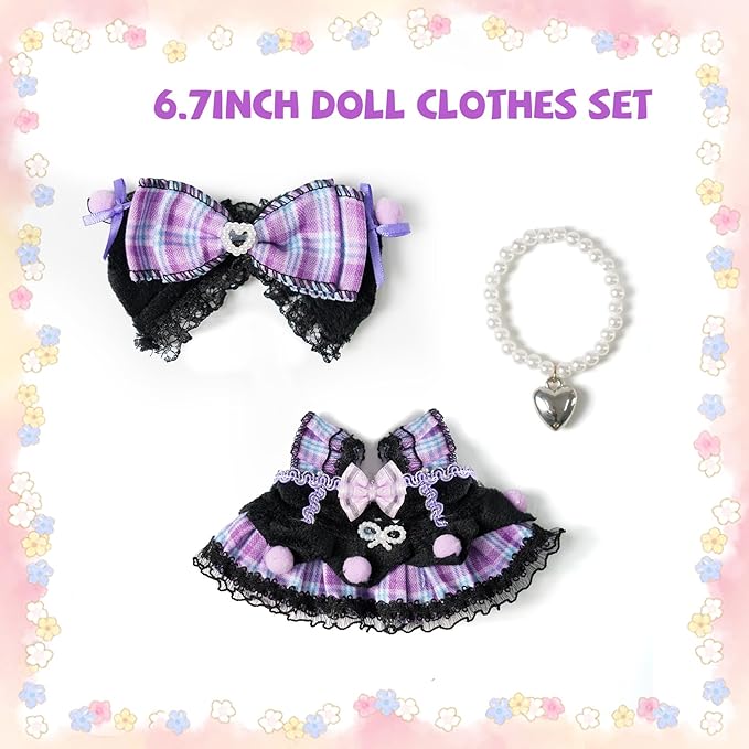 3 Piece 17cm Doll Clothes and Accessories Outfit - Bow Clips, Necklace & Dress, Fashionable Doll Dress Up Set