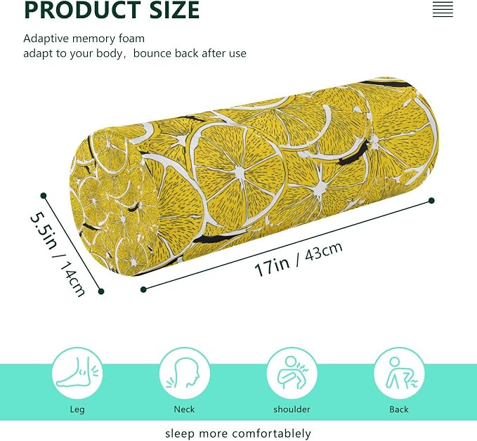 Yellow Lemon Slices Neck Roll Pillow Bolster Round Health Memory Foam Long Cervical Cylinder Pillows with Removable Washable Cover for Body Bed Legs Back Yoga