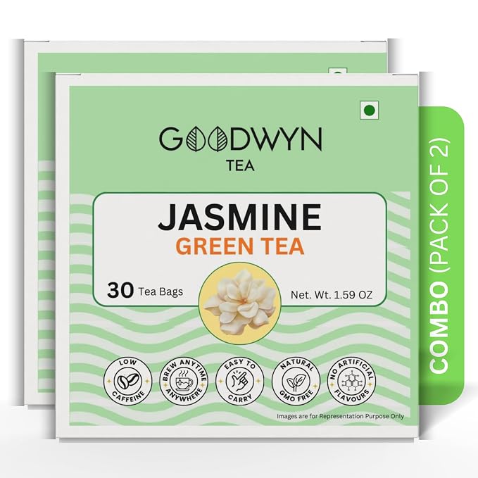 Goodwyn Jasmine Green Tea, 60 Tea Bags | 100% Green Tea with Real Jasmine Blossoms | Low Caffeine | Plastic Free Bags | Floral Aroma Blend