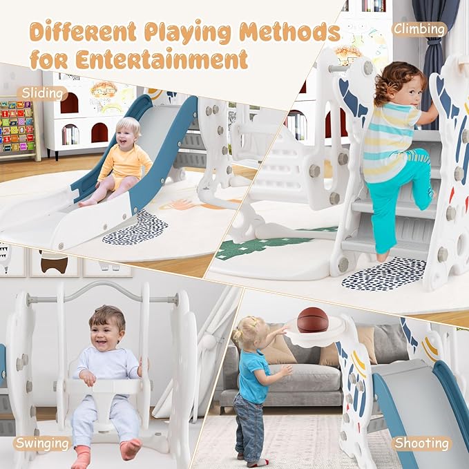 Costzon 4 in 1 Toddler Slide and Swing Set, Rocket Indoor Outdoor Baby Swing w/Slide, Swing, Climber, Basketball Hoop and Ball, Kids Climber Playground Playset for Boys Girls Gifts Presents