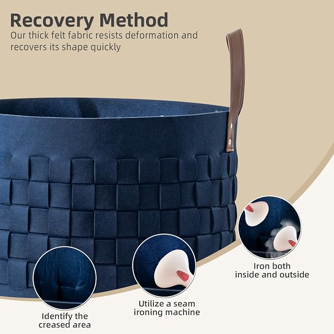 Laundry Basket 20" x20 " x11.8 ",Extra Large Round Blanket Basket with Leather Handle, Felt Storage Basket for Living Room, Nursery, Dog Toys-Navy Blue